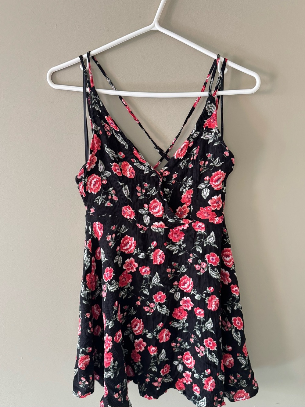 Forever 21 Black Floral V-Neck Mini Dress with Pink Red Blooms